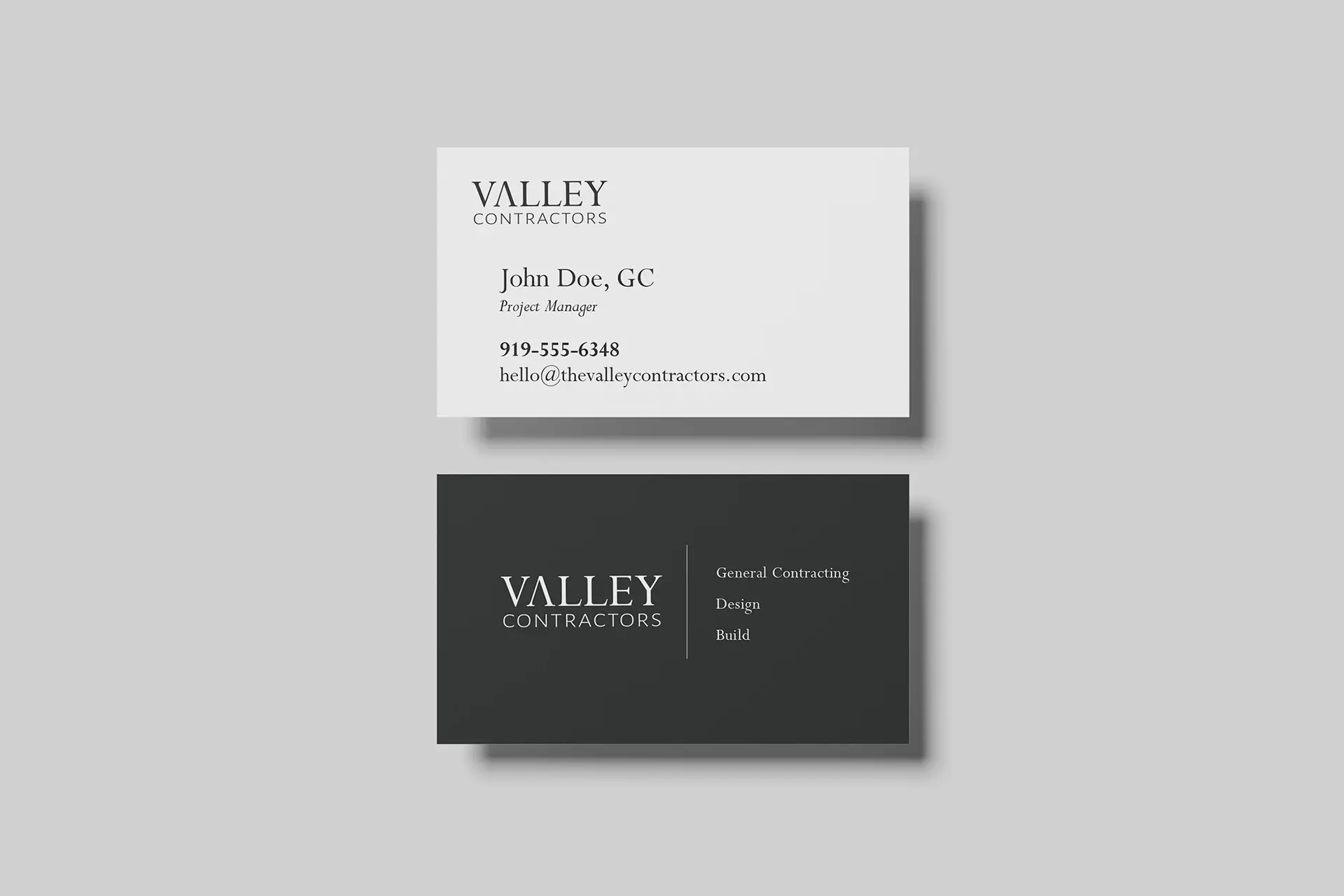 minimalist contractor business card design for Valley Contractors in black and white